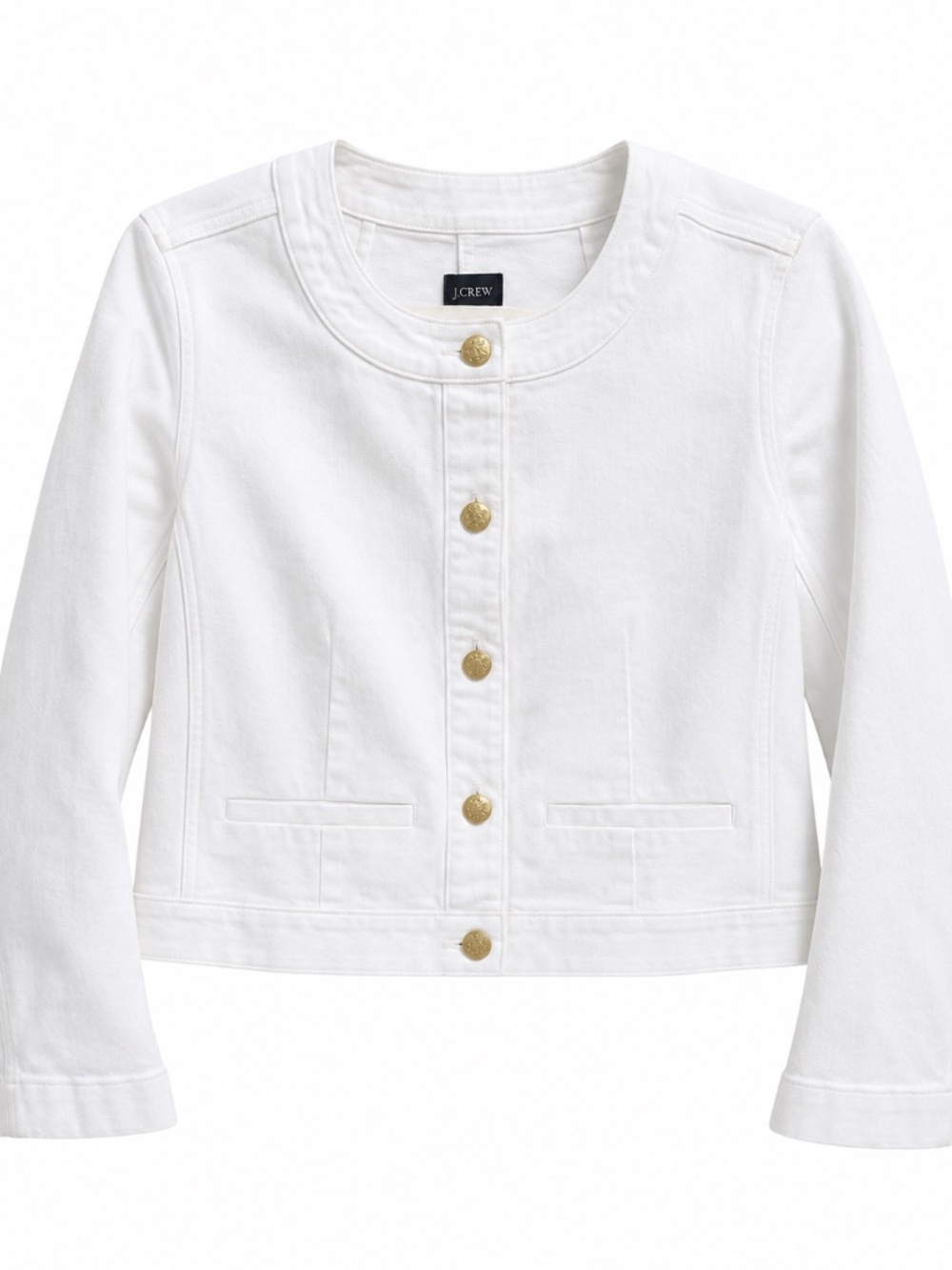 NWT J.Crew Louisa Lady Jacket White Denim Gold Button Cropped Jacket Size 8P